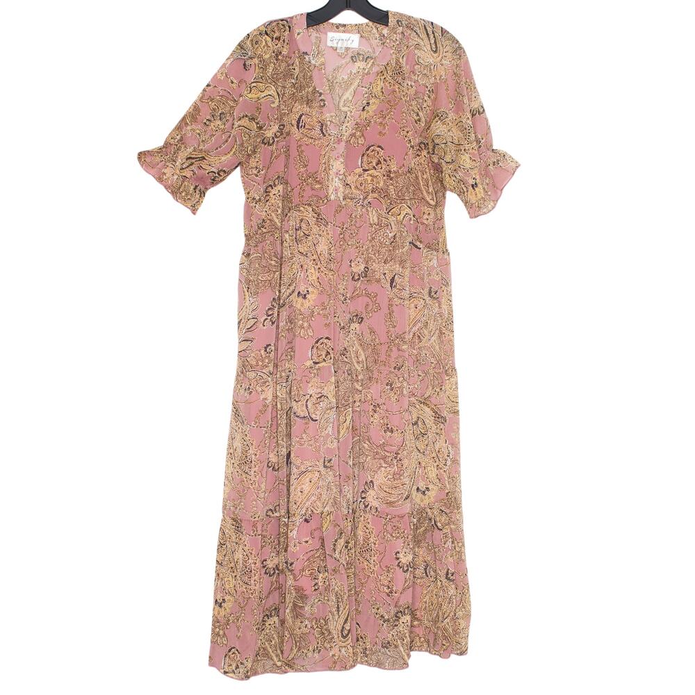 Cottagecore Boho Prairie Dress Midi Chiffon Paisley Floral Pink Tiered Flowy M